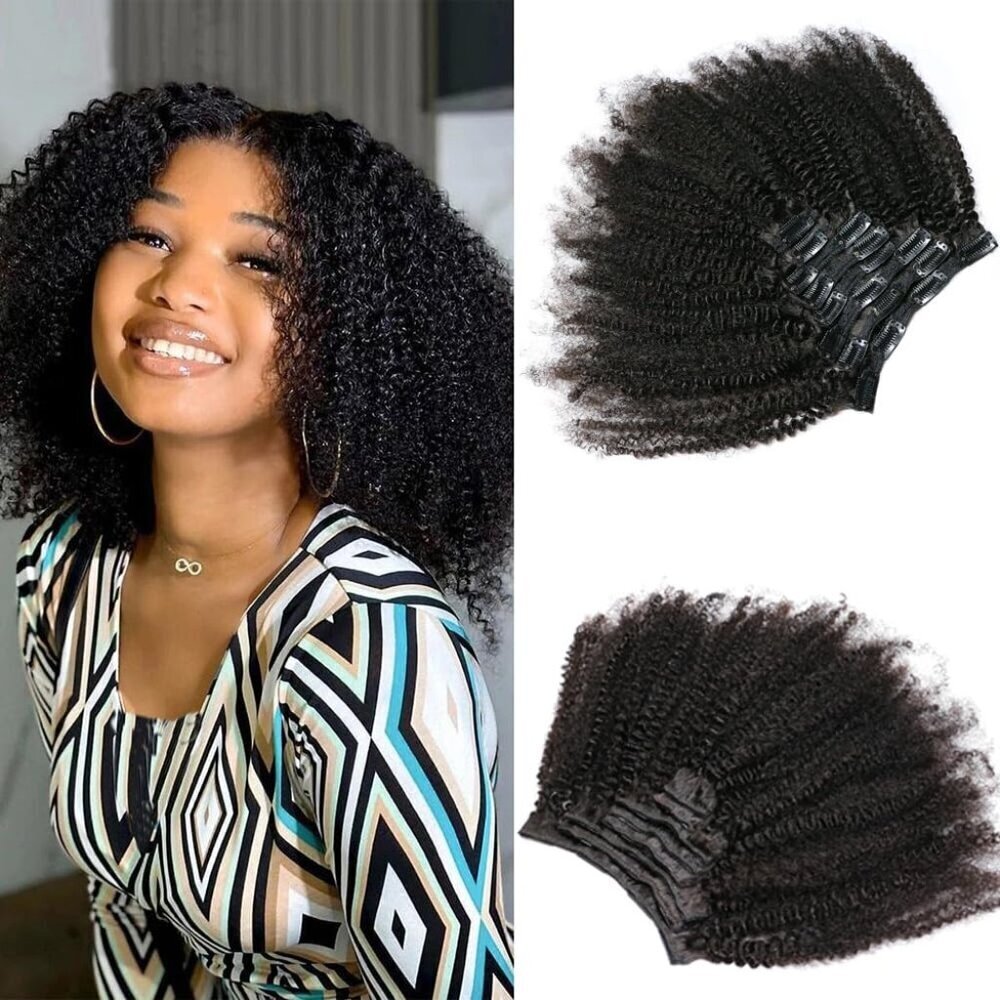 Kinky Curly Hair Extensions Clip In Human Hair Afro Coily 12 Inch Black